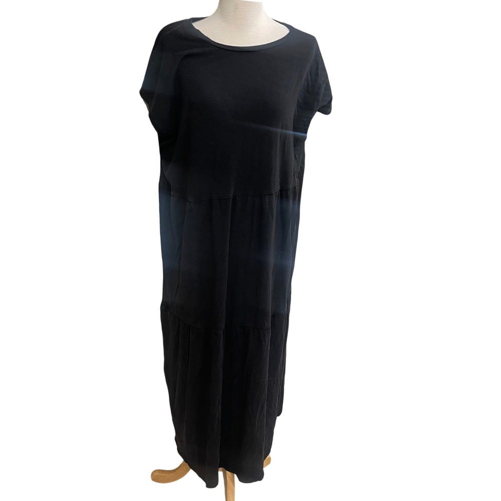 Eileen Fisher Black Tencel Lyocell Tiered Maxi Dress‎ Womens LG S23 Relaxed Fit